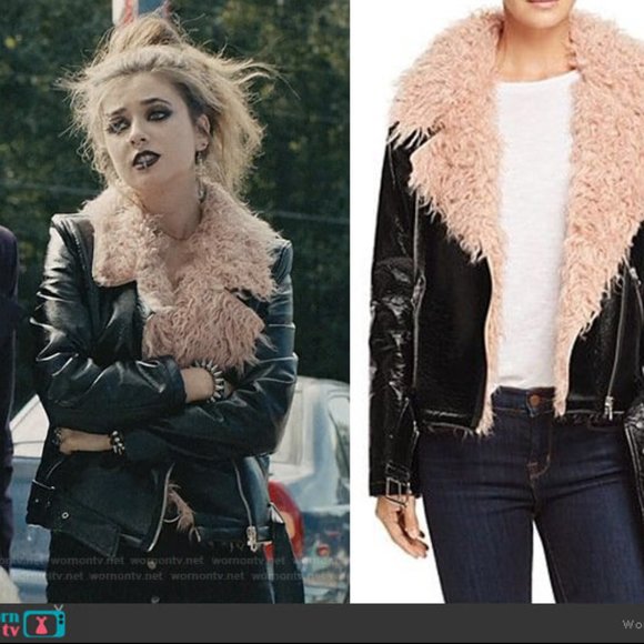 💥STUNNING!💥Pink Faux Mongolian Fur Collar & Lining Glossy Leather Moto Jacket - Picture 11 of 16